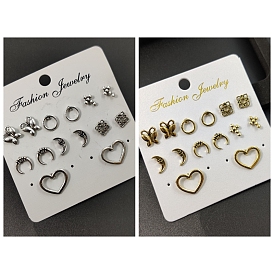 7 Pairs 7 Style Butterfly & Heart & Moon & Ring Alloy Stud Earrings for Women