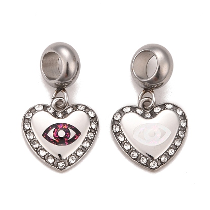 304 Stainless Steel Crystal Rhinestone European Dangle Charms, Large Hole Pendants, with Enamel & Fluorescence Slice, Stainless Steel Color, Heart with Horse Eye