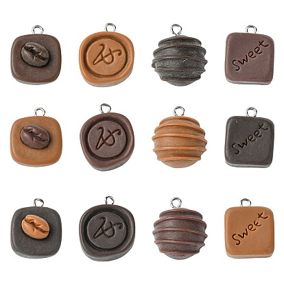 12Pcs 12 Styles Opaque Resin Pendants, Chocolate, with Platinum Tone Alloy Loops