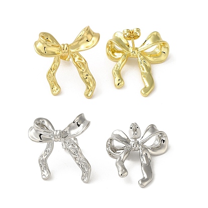 Brass Stud Earrings, with Clear Cubic Zirconia for Women, Bowknot