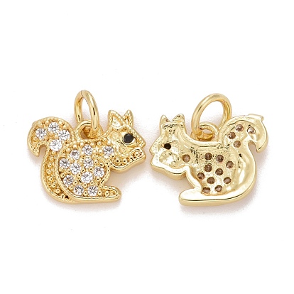 Autumn Theme Brass Micro Pave Clear & Black Cubic Zirconia Charms, Squirrel