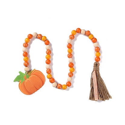 Thanksgiving Day Theme Wooden Beaded Pendant Decorations, with Jute Tassel, Pumpkin