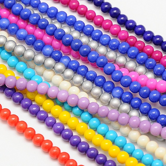 Eco-Friendly Round Baking Paint Glass Beads Strands, Cotton Cord Threaded