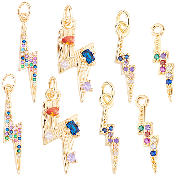 12Pcs 4 Styles Brass Micro Pave Cubic Zirconia Pendants, Lightning Bolt Charms, with Jump Ring