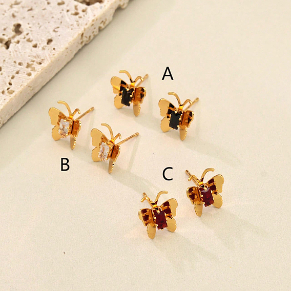 Серьги-гвоздики в форме бабочек из латуни с кубическим цирконием, реальный 18 k позолоченный