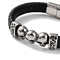 Men's Braided Black PU Leather Cord Bracelets, Halloween 3 Skull 304 Stainless Steel Link Bracelets with Magnetic Clasps