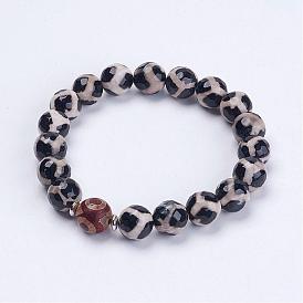 Tibetan Style Dzi Bead Stretch Bracelets, with Brass Flat Round Bead Spacers, Burlap Packing Pouches Drawstring Bags