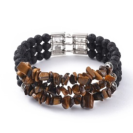 Trois boucles bracelets en perles de puce en oeil de tigre naturel, avec des perles de pierre de lave naturelle, conclusions d'alliage et fil de mémoire de bracelet en acier