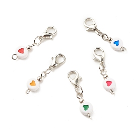 Acrylic Pendants Decoration, with Zinc Alloy Lobster Claw Clasps and Iron Findings, Flat Round with Heart