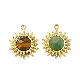 Natural Gemstone Pendants, Faceted Sun Charms, with Vacuum Plating Real 18K Gold Plated 201 Stainless Steel Findings