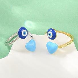 Anillos abiertos de latón para mujer, con esmalte, mal de ojo, sin plomo y cadmio, chapado en rack, larga duración plateado