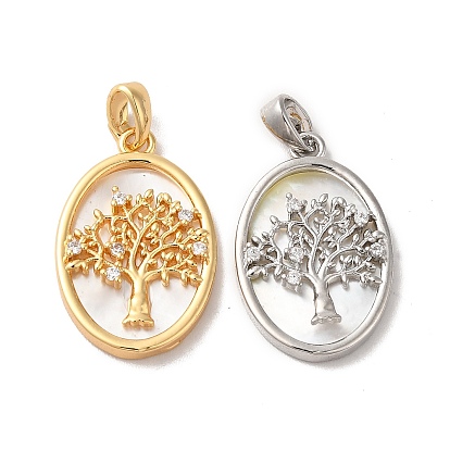 Brass Shell Pendants, with Cubic Zirconia, Oval with Tree of Life Pattern