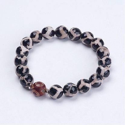 Tibetan Style Dzi Bead Stretch Bracelets, with Brass Flat Round Bead Spacers, Burlap Packing Pouches Drawstring Bags