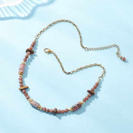 Ожерелья из бусин с натуральным тигровым глазом, круглым персидским нефритом и столбчатым родонитом для женщин, с 304 цепями из нержавеющей стали, золотые