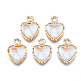 Brass Micro Pave Clear Cubic Zirconia Charms, with Glass, Cadmium Free & Nickel Free & Lead Free, Heart