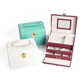 Органайзер для ювелирных изделий из искусственной кожи, с деревянной внутренней коробкой и зеркалом, портативный кейс для хранения ювелирных изделий, Для кольца, серьги и ожерелье, прямоугольные