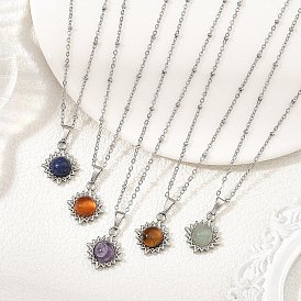 Collares con colgante de sol y cadena de satélite de acero inoxidable con piedras preciosas mixtas naturales, color acero inoxidable