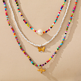 Bohemian Butterfly Pendant Necklace Set with Colorful Beads and Pearls