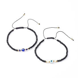 Adjustable Nylon Thread Braided Bead Bracelet, with Faceted Rondelle Glass Beads, Handmade Evil Eye Lampwork Round Bead
