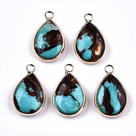 Teardrop Assembled Natural Bronzite and Synthetic Turquoise Pendants, with Iron Loop and Brass Edge,  Light Gold, Dyed