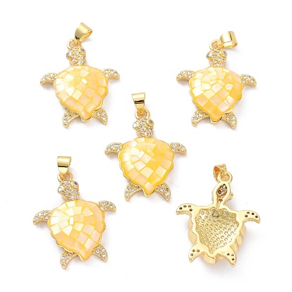 Real 18K Gold Plated Brass Micro Pave Clear Cubic Zirconia Pendants, with Shell filled in Enamel, Long-Lasting Plated, Turtle