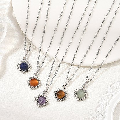 Collares con colgante de sol y cadena de satélite de acero inoxidable con piedras preciosas mixtas naturales, color acero inoxidable
