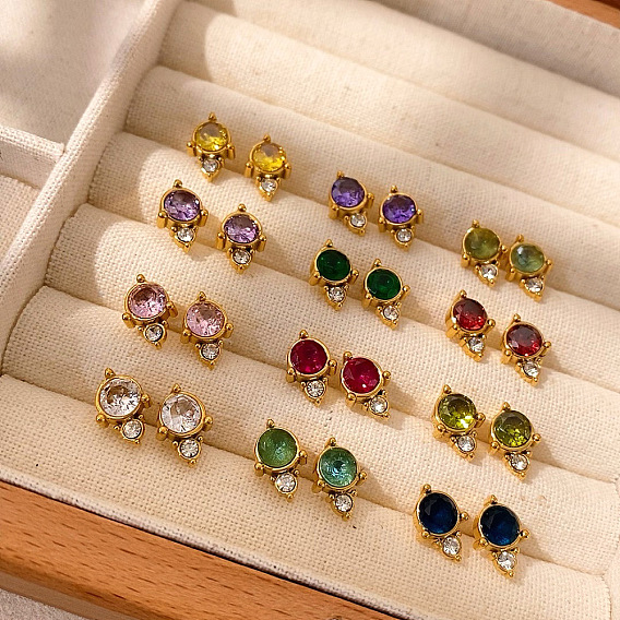 304 из нержавеющей стали кубического циркония серьги стержня, ионное покрытие (ip), реальный 18 k позолоченный