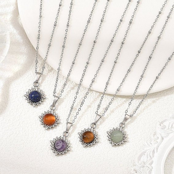 Natural Mixed Gemstone 304 Stainless Steel Sun Pendant Satellite Chain Necklaces, Stainless Steel Color