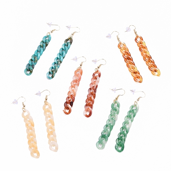 Acrylic Curb Chain Tassel Earrings, Dangle Earrings, with Golden Plated Brass Earring Hooks and Plastic Ear Nuts