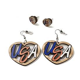Heart with Word USA Wood Studs & Dangle Earrings Set, 316 Steel Needle Jewelry for Women