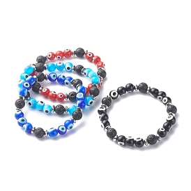 Natural Lava Rock Beads Stretch Bracelets, with Handmade Evil Eye Lampwork & 304 Stainless Steel Beads