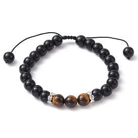 Natural Black Stone & Tiger Eye Round Braided Bead Bracelets, Adjustable Bracelet