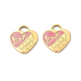 Valentine's Day 304 Stainless Steel Enamel Pendants, Heart with Word Love You Charms, with Glitter Powder