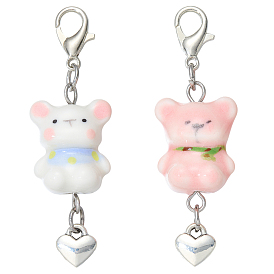 2Pcs Handmade Porcelain Pendant Decorations, Bear, with Alloy Lobster Claw Clasps