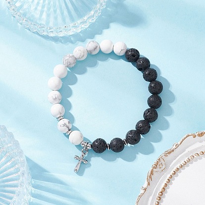 Шарм браслеты, Браслеты из натуральных круглых бусин говлита и лавы для мужчин и женщин, крестик