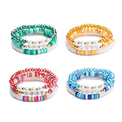 Love Stretch Bracelets Set, Glass & Acrylic & Polymer Clay Beads Bracelets, Surfer Heishi Bracelet for Teen Girl Women