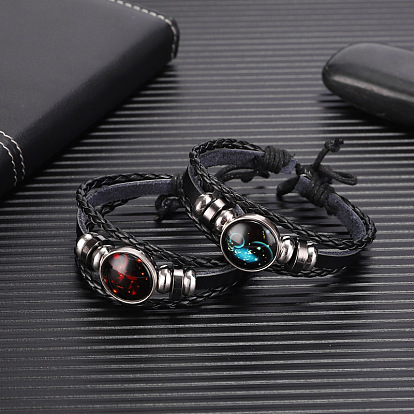 Constellation Glass Link Multi-strand Bracelet, PU Leather Braided Triple Layer Gothic Bracelet for Men Women