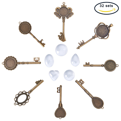 DIY Findings for Pendant Jewelry Making, with Key Cabochon Settings and Clear Glass Cabochons