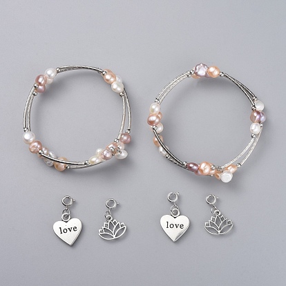 Wrap Bracelets, with Natural Pearl Beads, Tibetan Style Alloy Charms, Three Loops