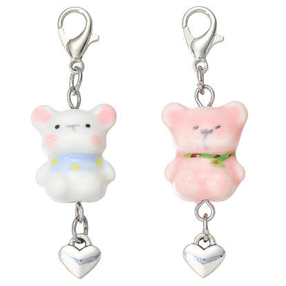 2Pcs Handmade Porcelain Pendant Decorations, Bear, with Alloy Lobster Claw Clasps