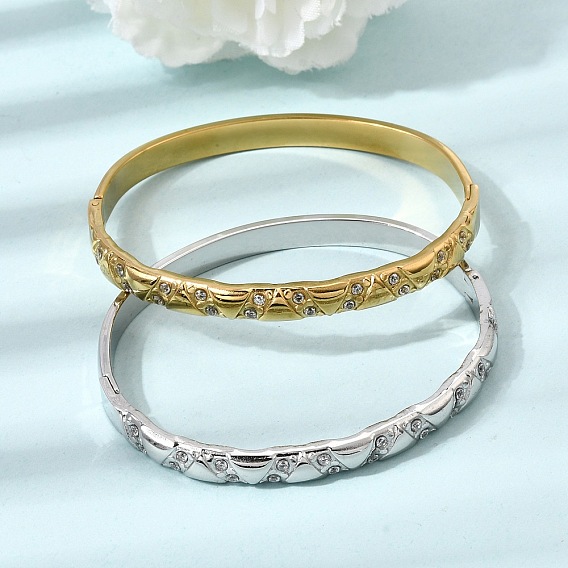 304 Stainless Steel Crystal Rhinestone Hinged Cuff Bangles for Women, Triangle