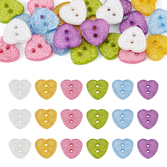 30Pcs 6 Colors Resin Buttons, 2-Hole, Heart, with Glitter Powder