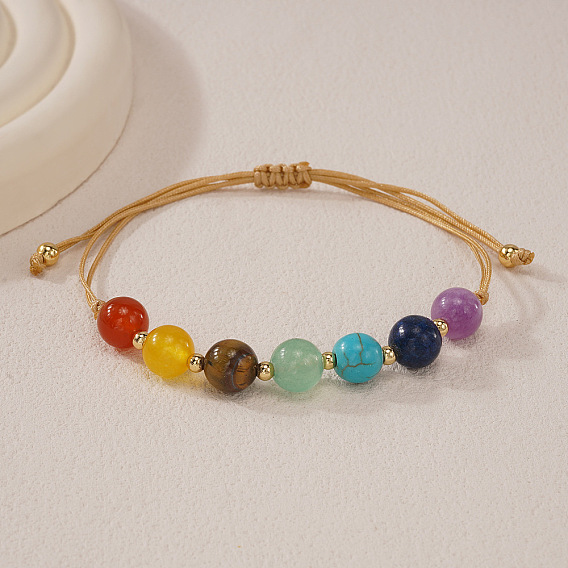Браслеты из круглых бусин с натуральным тигровым глазом, лазуритом, карнеолом, аметистом, цитрином, зеленым авантюрином и синтетической бирюзой для женщин., с латунным