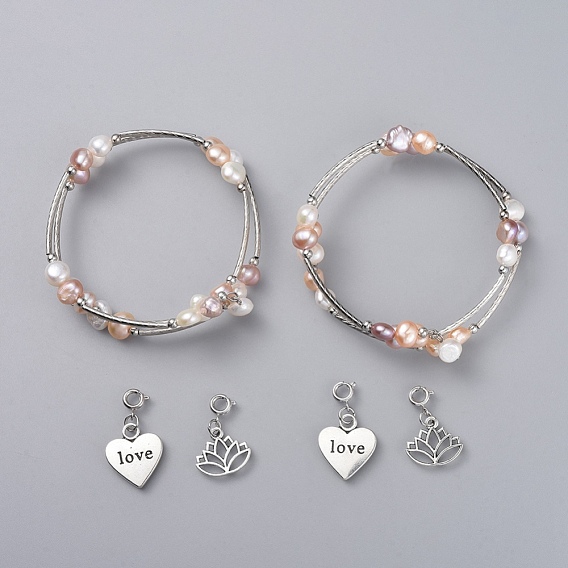 Wrap Bracelets, with Natural Pearl Beads, Tibetan Style Alloy Charms, Three Loops