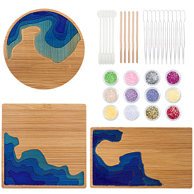 Olycraft DIY Coasters Makings, with Unfinished Bamboo Coasters, For DIY Epoxy Resin, Birch Wooden Craft Sticks, Plastic Stirring Rod & Dropper, Nail Art Powder