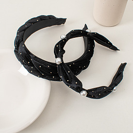 Vintage Black Velvet Polka Dot Headband with Gold Foil, Wide Band and Pearl Embellishment for Women's Hair Accessories