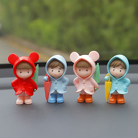 4 Raincoat Umbrella Girl Boy Resin Display Decorations, Car Home Office Ornaments
