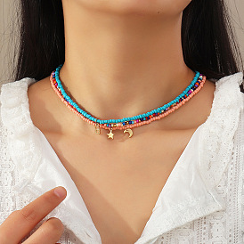 Candy-colored rice bead necklace set with alloy star and moon pendant necklace - European and American fashion jewelry.
