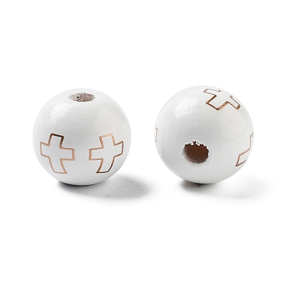 Wood European Beads, Large Hole Beads, Round with Cross