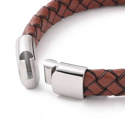 Sienna Leather Braided Cord Bracelet with 304 Stainless Steel Magnetic Clasps, Punk Wristband for Men Women